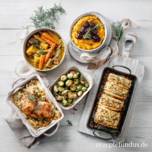 Gesunde Wohlfühlküche im nordischen Stil: herbstliche Gemüsegerichte wie Kürbis-Möhren-Curry, Gemüse-Lasagne mit Brokkoli und Kürbis sowie Polentaschnitten mit Pilzen – hell, modern und nährstoffreich präsentiert.