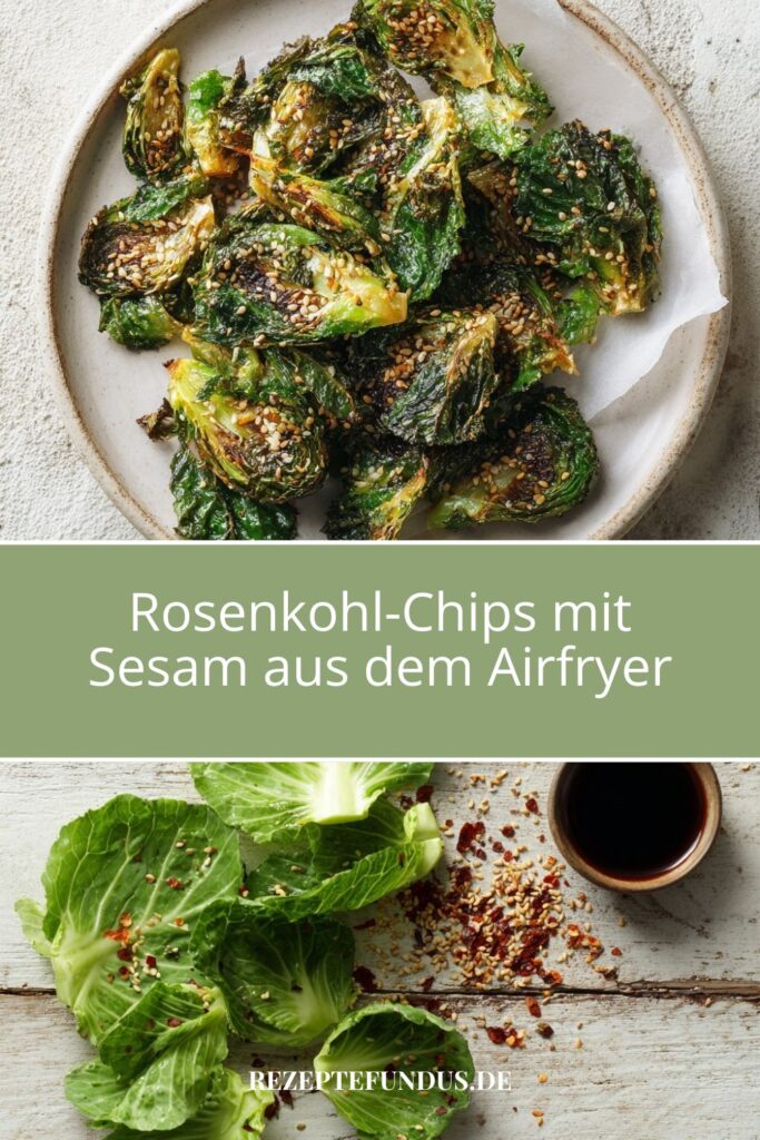 Knusprige Rosenkohl-Chips mit Sesam auf hellem Teller, daneben Dip und Gewürze – gesunder Gemüse-Snack und die Zutaten dazu