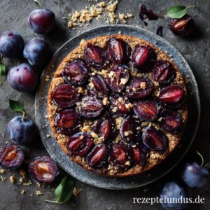 Südtiroler Buchweizenkuchen mit Zwetschgen - herbstlich & glutenfrei 1 Saftiger Buchweizen-Zwetschgen-Kuchen mit Orangenmarmelade, serviert auf einem Holzteller – glutenfrei & herbstlic