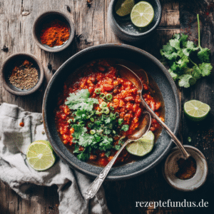 Chili sin Carne mit Grünkern – herzhaft, vegan & proteinreich 3 Chili sin Carne mit Grünkern in einer Schale, getoppt mit Koriander, Frühlingszwiebeln und Limette, Draufsicht auf rustikalem Holztisch