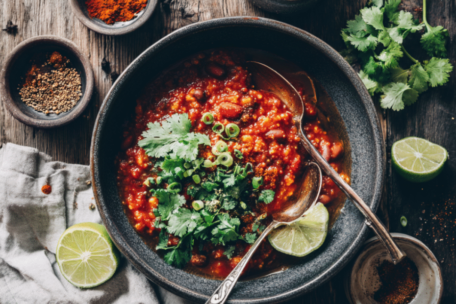 Chili sin Carne mit Grünkern in einer Schale, getoppt mit Koriander, Frühlingszwiebeln und Limette, Draufsicht auf rustikalem Holztisch