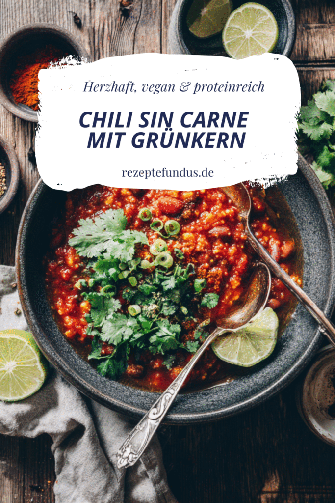 Chili sin Carne mit Grünkern – herzhaft, vegan & proteinreich 5 Chili sin Carne mit Grünkern in einer Schale, getoppt mit Koriander, Frühlingszwiebeln und Limette, Draufsicht auf rustikalem Holztisch