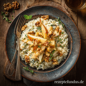 Gorgonzolarisotto mit Birnen 1 Cremiges Gorgonzolarisotto mit Birnenwürfeln und Walnüssen auf einem Teller angerichtet
