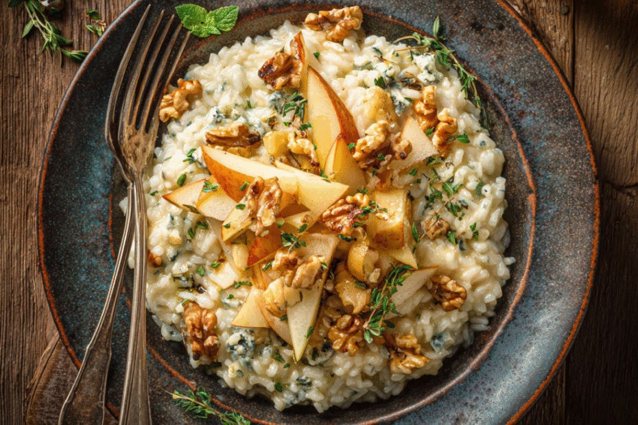 Cremiges Gorgonzolarisotto mit Birnenwürfeln und Walnüssen auf einem Teller angerichtet