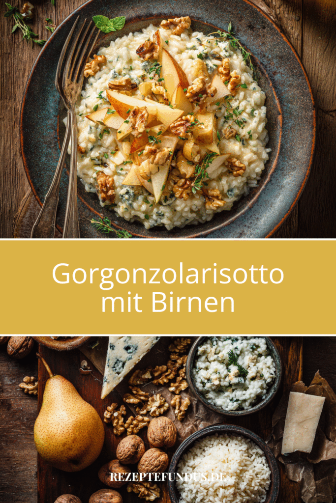 Gorgonzolarisotto mit Birnen 3 Cremiges Gorgonzolarisotto mit Birnenwürfeln und Walnüssen auf einem Teller angerichtet, und die Zutaten