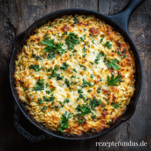 Kritharaki-Auflauf mit Hackfleisch in einer ofenfesten Pfanne, frisch aus dem Ofen mit goldbraunem Käse überbacken