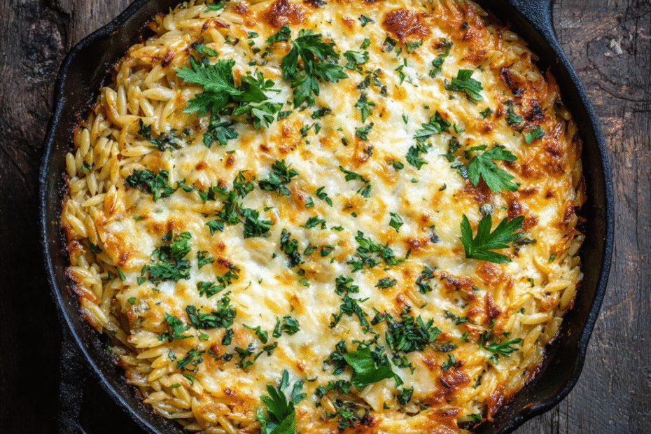 Kritharaki-Auflauf mit Hackfleisch in einer ofenfesten Pfanne, frisch aus dem Ofen mit goldbraunem Käse überbacken