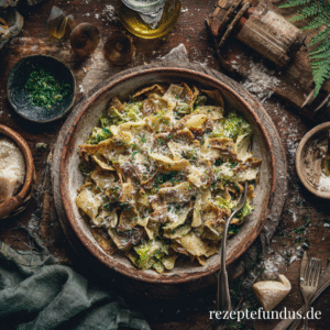 Traditionelle Pizzoccheri della Valtellina mit Buchweizennudeln, Wirsing, Kartoffeln und Käse
