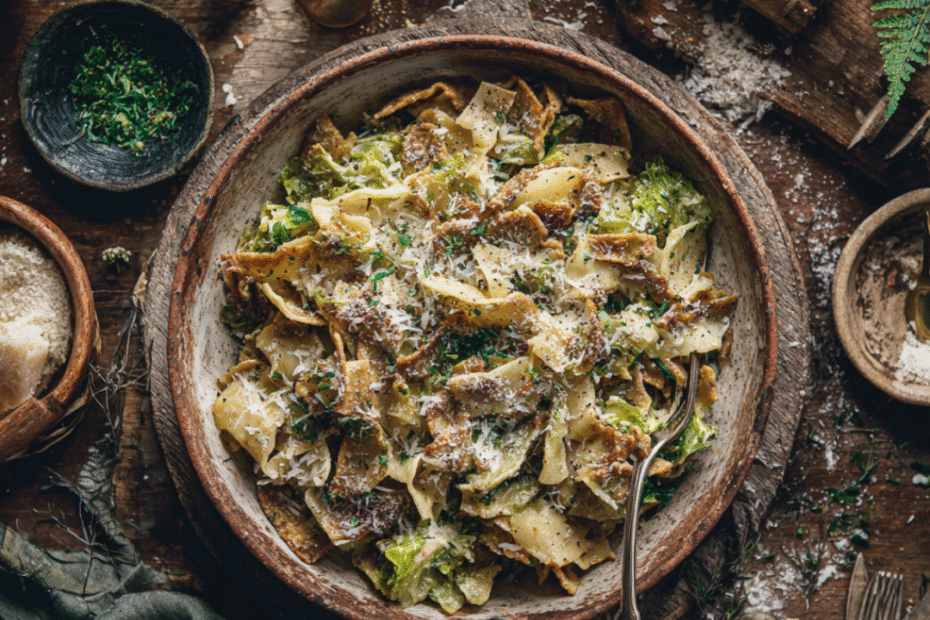 Traditionelle Pizzoccheri della Valtellina mit Buchweizennudeln, Wirsing, Kartoffeln und Käse