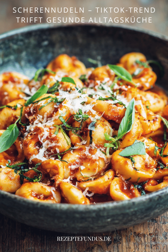 Scherennudeln – TikTok-Trend trifft gesunde Alltagsküche 3 Selbstgemachte gelbe Scherennudeln aus der Pfanne, in einer Schüssel mit Tomatensauce und Basilikum serviert