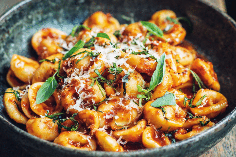 Selbstgemachte gelbe Scherennudeln aus der Pfanne, in einer Schüssel mit Tomatensauce serviert – TikTok-Trend gesund interpretiert.